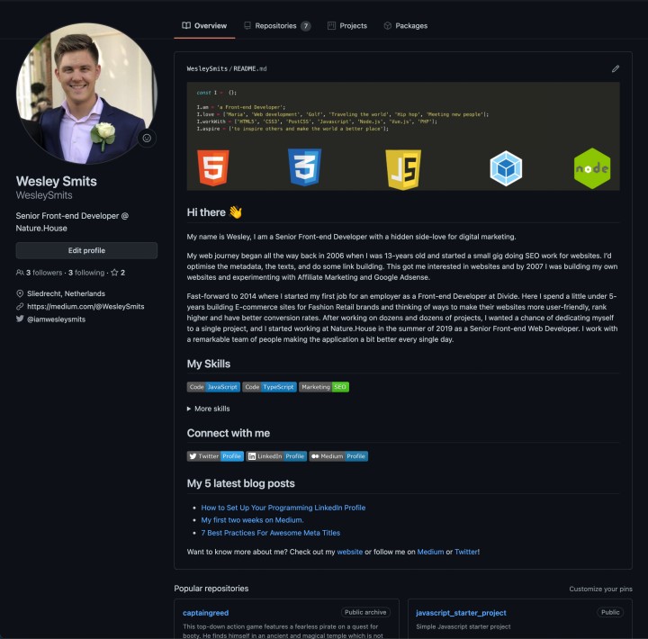GitHub profile with a profile README file